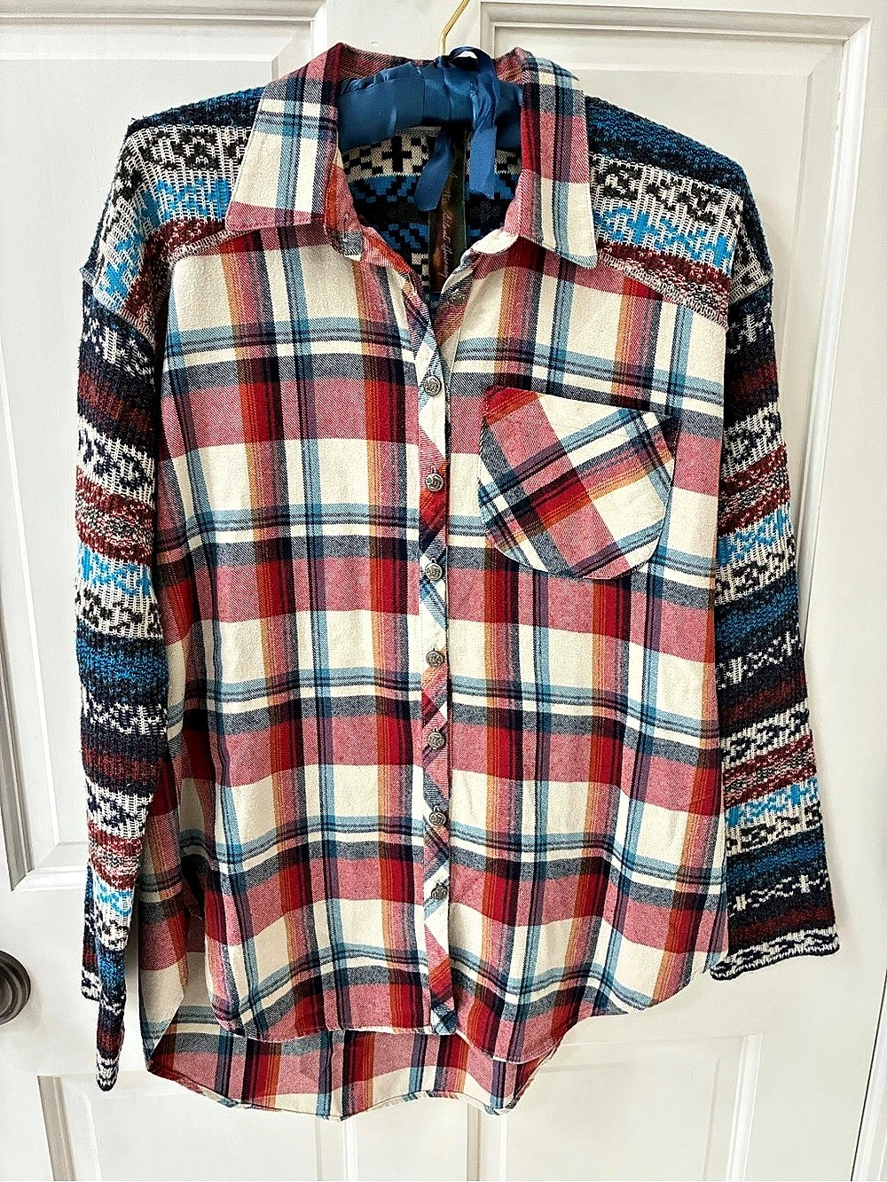 Aratta Silent Journey Mixed Media Plaid & Knit Button-Down Shirt Plaid & Knit